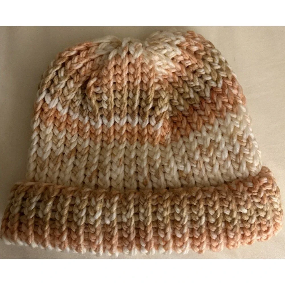 Handmade Knit Beanie Hat Pink White Brown Winter Warm Cozy